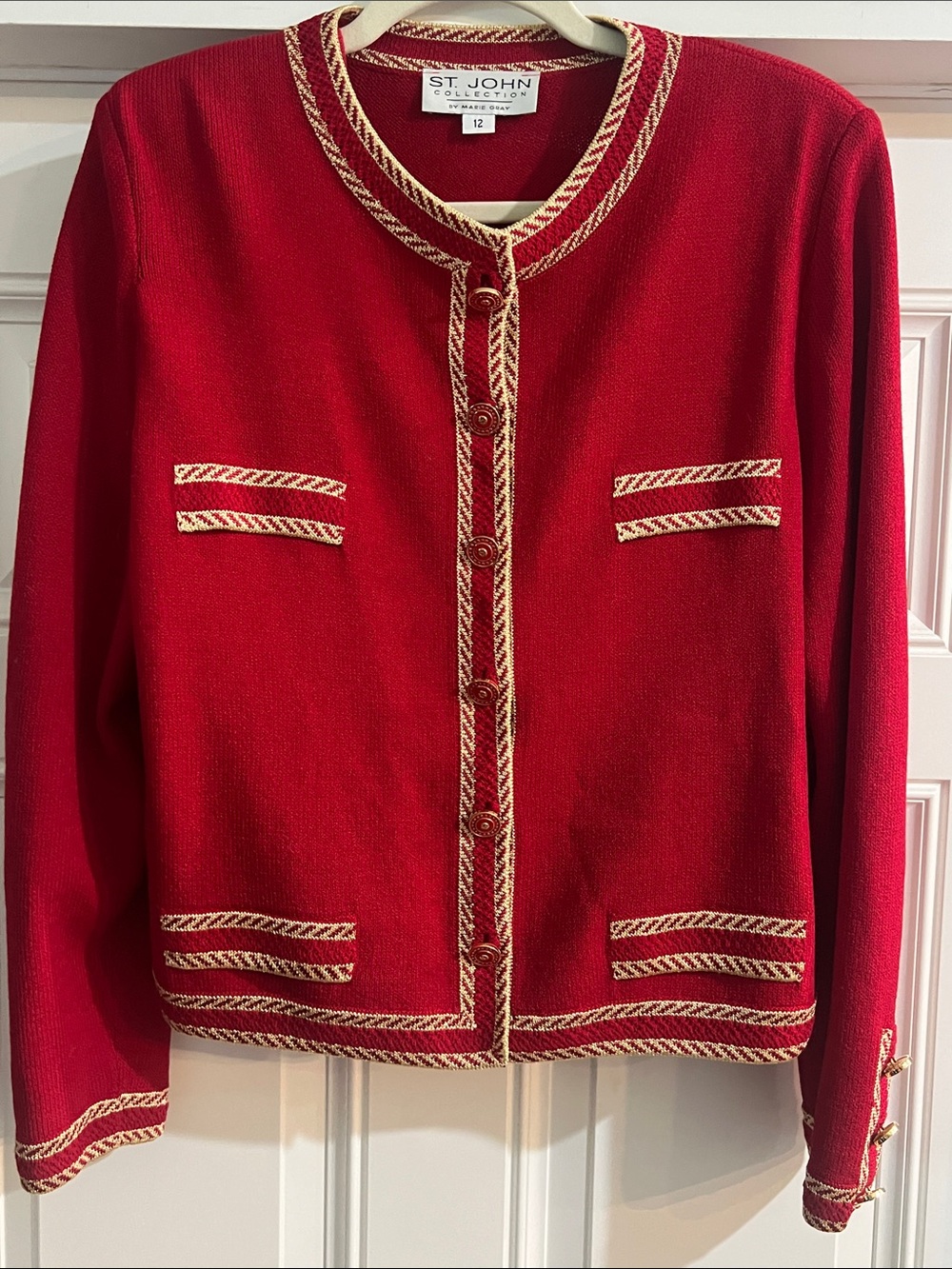 Vintage ST JOHN Red/Gold Metallic Sweater Jacket STUNNING Size 12